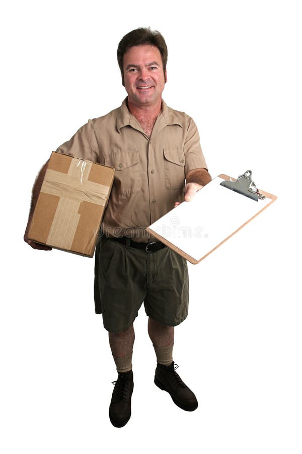 A courier delivering a package and holding out a clipboard for a signature - isolated. A courier delivering a package and holding out a clipboard for a signature - isolated