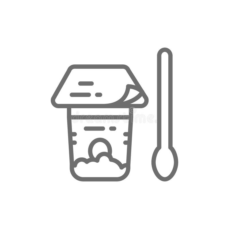 Het pakket van het foliedeksel voor yoghurt, kwark in kruik met lepel, het pictogram van de plastic containerlijn royalty-vrije illustratie Het pakket van het foliedeksel voor yoghurt, kwark in kruik met lepel, het pictogram van de plastic containerlijn royalty-vrije illustratie