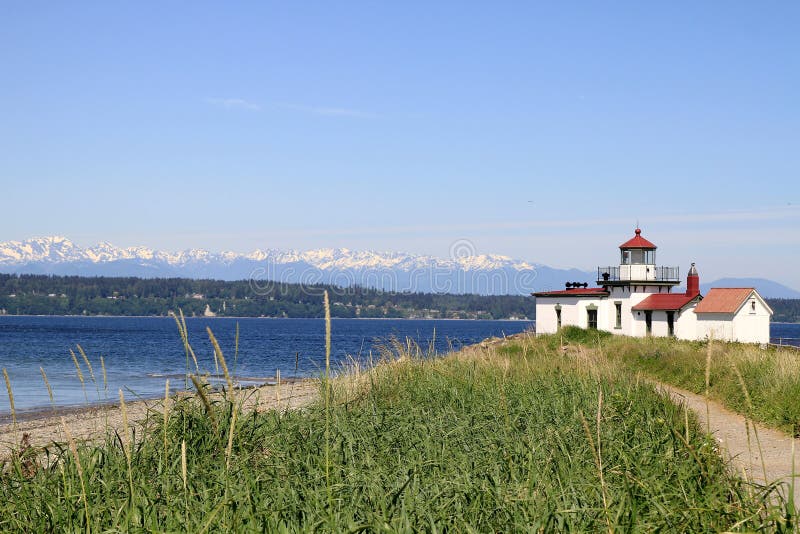 Het Park Seattle van de Ontdekking van de Vuurtoren van West Point royalty-vrije stock foto's Het Park Seattle van de Ontdekking van de Vuurtoren van West Point royalty-vrije stock foto's