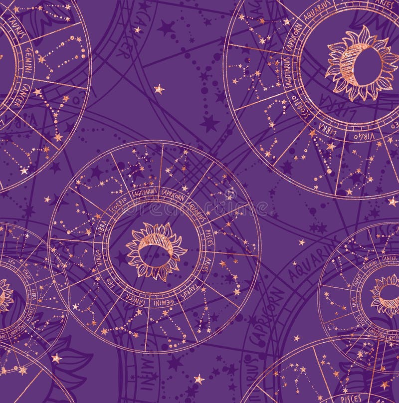 Het patroon van de dierenriemconstellatie op een in mystieke purpere achtergrond stock illustratie Het patroon van de dierenriemconstellatie op een in mystieke purpere achtergrond stock illustratie