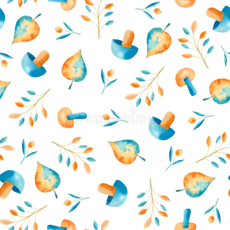 Het patroon van de de herfstwaterverf met blauwe en oranje bladeren, paddestoelen, bessen royalty-vrije illustratie Het patroon van de de herfstwaterverf met blauwe en oranje bladeren, paddestoelen, bessen royalty-vrije illustratie