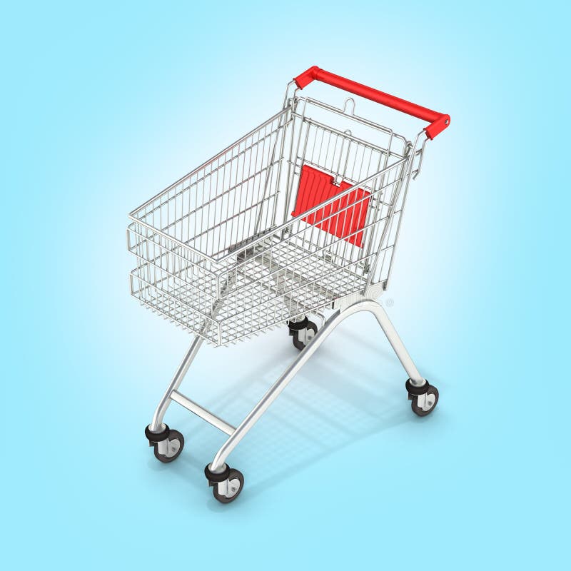 Het perspectiefmening van het supermarktboodschappenwagentje over blauwe 3d gradi?ntachtergrond stock illustratie Het perspectiefmening van het supermarktboodschappenwagentje over blauwe 3d gradi?ntachtergrond stock illustratie