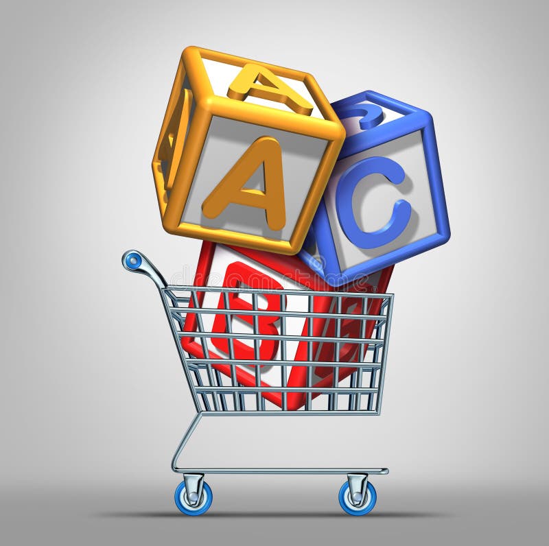 Preschool shopping and early education concept with a a group of three dimensional school alphabet blocks in a shop cart as a symbol of finding the best daycare center or nursery for young children learning. Preschool shopping and early education concept with a a group of three dimensional school alphabet blocks in a shop cart as a symbol of finding the best daycare center or nursery for young children learning.