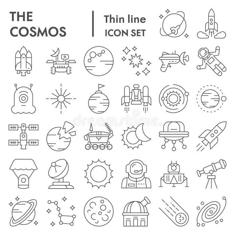 Het pictogramreeks van de kosmos ondertekent de dunne lijn, ruimtesymboleninzameling, vectorschetsen, embleemillustraties, astron vector illustratie Het pictogramreeks van de kosmos ondertekent de dunne lijn, ruimtesymboleninzameling, vectorschetsen, embleemillustraties, astron vector illustratie