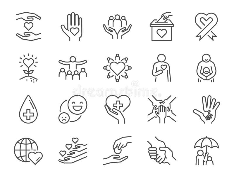 Het pictogramreeks van de liefdadigheidslijn Inbegrepen pictogrammen als soort, zorg, hulp, aandeel, goed, steun en meer Het pictogramreeks van de liefdadigheidslijn Inbegrepen pictogrammen als soort, zorg, hulp, aandeel, goed, steun en meer