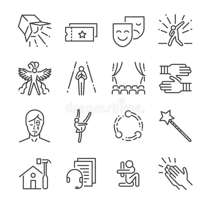 Het pictogramreeks van de prestatieslijn Omvatte de pictogrammen aangezien het masker, stadium, overleg en meer nabootst royalty-vrije illustratie Het pictogramreeks van de prestatieslijn Omvatte de pictogrammen aangezien het masker, stadium, overleg en meer nabootst royalty-vrije illustratie