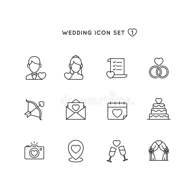 Het pictogramreeks van het huwelijksoverzicht voorwerp van huwelijksillustratie met de inzameling van het liefdesymbool vector illustratie Het pictogramreeks van het huwelijksoverzicht voorwerp van huwelijksillustratie met de inzameling van het liefdesymbool vector illustratie