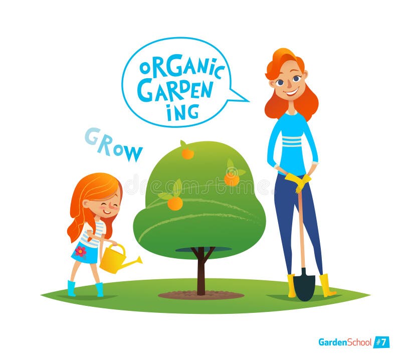 Het planten van boom met jonge geitjes Het concept van Eco Meisje het water geven installaties in de tuin Het in dienst nemen in stock illustratie Het planten van boom met jonge geitjes Het concept van Eco Meisje het water geven installaties in de tuin Het in dienst nemen in stock illustratie