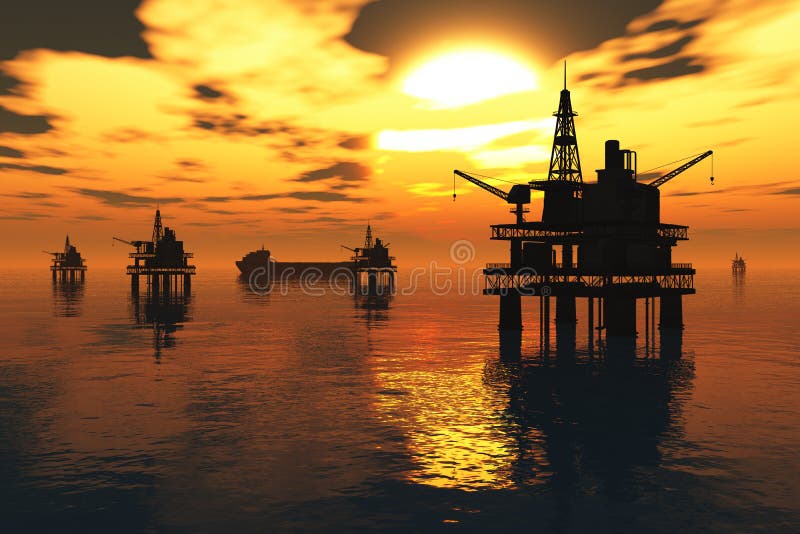 Oil Platform and Tanker in the Sea Sunset 3D render. Oil Platform and Tanker in the Sea Sunset 3D render
