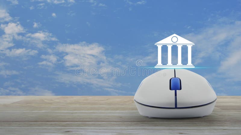 Het platte pictogram van de bank met draadloze computermuis op houten tafel over blauwe hemel met witte wolken, het Online concep