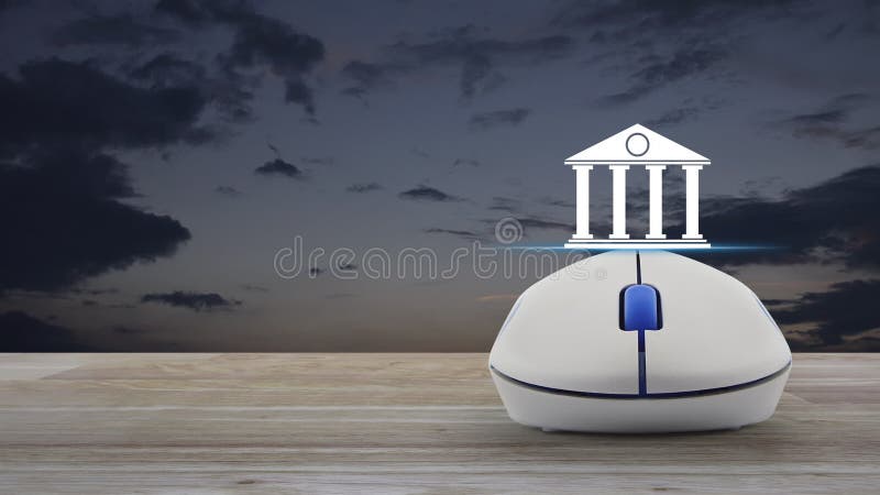 Het platte pictogram van de bank met draadloze computermuis op houten tafel over sunset sky, het Online concept van de Bedrijfs v