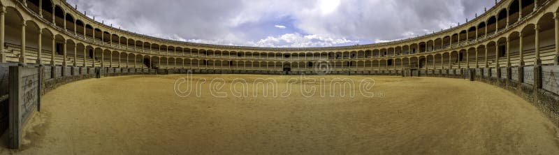 The Plaza de toros de Ronda, the oldest bullfighting ring in Spain. It was built in 1784 in the Neoclassical style by the architect JosÃ© Martin de Aldehuela, The arena has a diameter of 66 metres (217 ft), surrounded by a passage formed by two rings of stone. There are two layers of seating, each with five raised rows and 136 pillars that make up 68 arches. The Plaza de toros de Ronda, the oldest bullfighting ring in Spain. It was built in 1784 in the Neoclassical style by the architect JosÃ© Martin de Aldehuela, The arena has a diameter of 66 metres (217 ft), surrounded by a passage formed by two rings of stone. There are two layers of seating, each with five raised rows and 136 pillars that make up 68 arches.