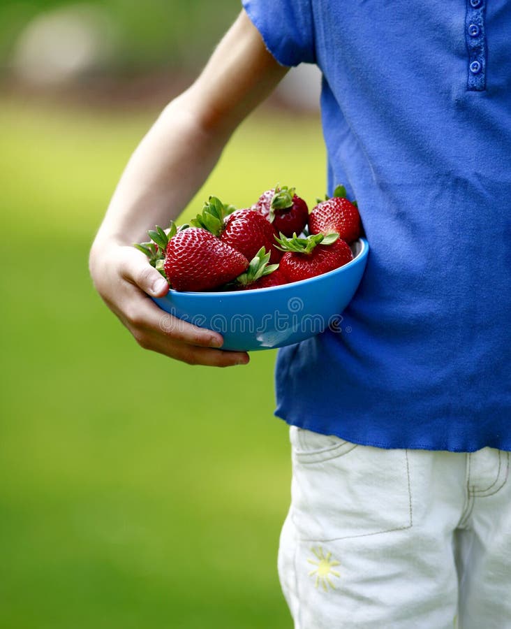 Photo of child resting bowl full of fresh strawberries on her hip. Photo of child resting bowl full of fresh strawberries on her hip.