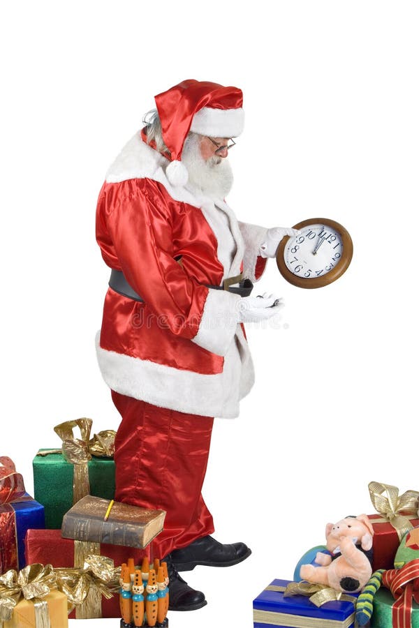 Het Portret dat van de Kerstman zijn klok controleert royalty-vrije stock afbeelding Het Portret dat van de Kerstman zijn klok controleert royalty-vrije stock afbeelding