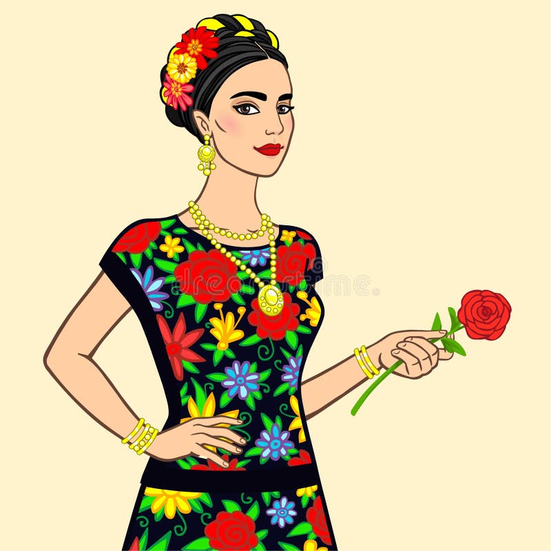 Het portret van de mooie Mexicaanse vrouw in een feestelijke kleding met nam in een hand toe stock illustratie Het portret van de mooie Mexicaanse vrouw in een feestelijke kleding met nam in een hand toe stock illustratie
