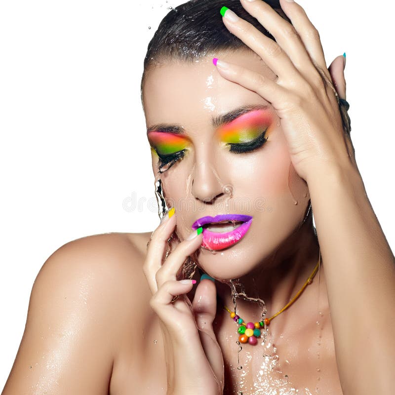 Het Portret van het maniermeisje. Kleurrijke natte Make-up. Schoonheid en Manier royalty-vrije stock afbeelding Het Portret van het maniermeisje. Kleurrijke natte Make-up. Schoonheid en Manier royalty-vrije stock afbeelding