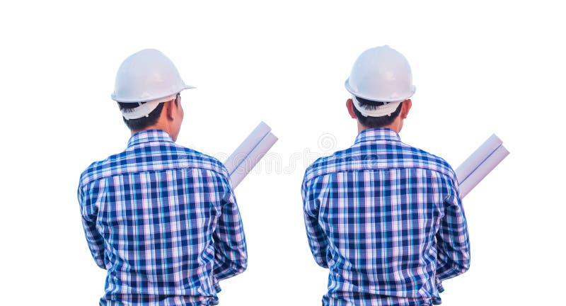 Het portret van witte de helmveiligheid van de architectenslijtage en houdt de blauwdruk voor bouw met geïsoleerde witte achtergr royalty-vrije stock afbeelding Het portret van witte de helmveiligheid van de architectenslijtage en houdt de blauwdruk voor bouw met geïsoleerde witte achtergr royalty-vrije stock afbeelding
