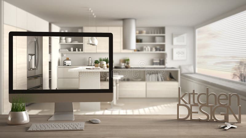 Het projectconcept van de architectenontwerper, houten lijst met huissleutels, 3D brieven die de woordenkeuken ontwerpen en Deskt royalty-vrije stock foto's Het projectconcept van de architectenontwerper, houten lijst met huissleutels, 3D brieven die de woordenkeuken ontwerpen en Deskt royalty-vrije stock foto's