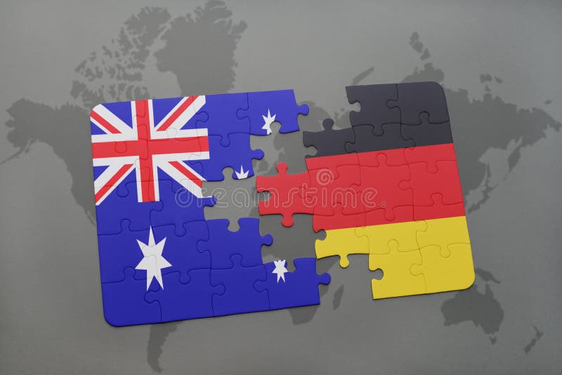 Het raadsel met de nationale vlag van Australië en Duitsland op een wereld brengen achtergrond in kaart