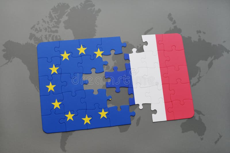 Het raadsel met de nationale vlag van de Europese Unie van Frankrijk en op een wereld brengt achtergrond in kaart