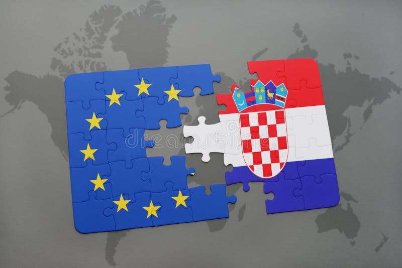 Het raadsel met de nationale vlag van de Europese Unie van Kroatië en op een wereld brengt achtergrond in kaart