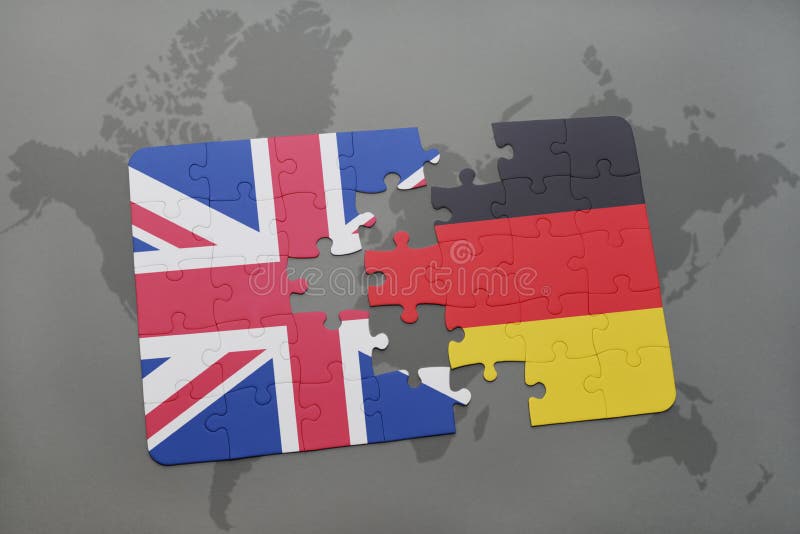 Het raadsel met de nationale vlag van Groot-Brittannië en Duitsland op een wereld brengen achtergrond in kaart