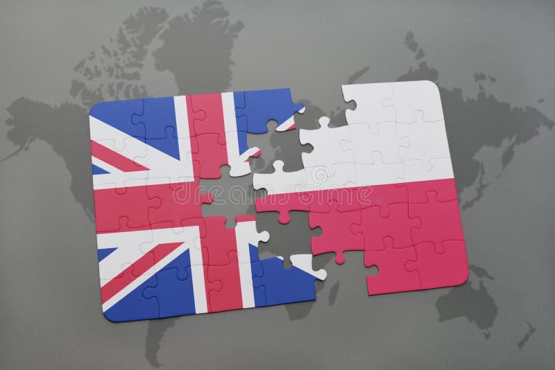 Het raadsel met de nationale vlag van Groot-Brittannië en Polen op een wereld brengen achtergrond in kaart