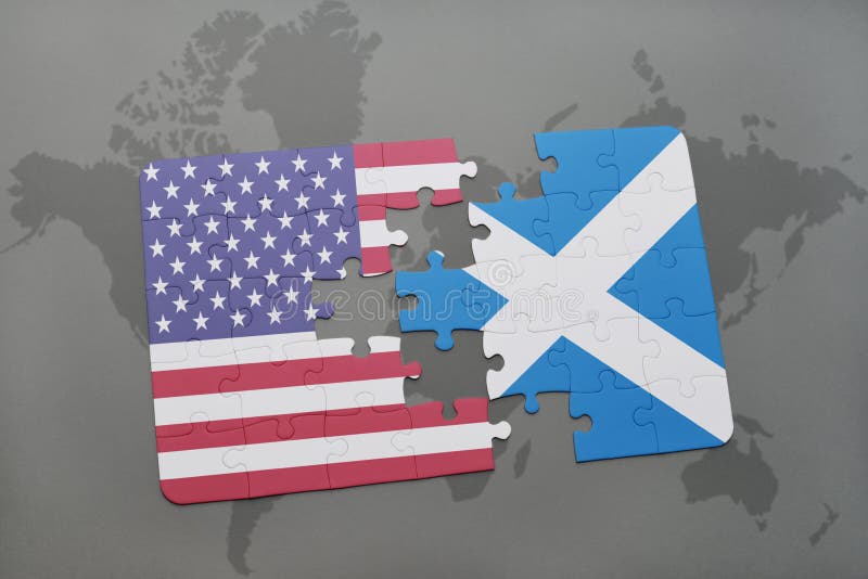 het raadsel met de nationale vlag van de Verenigde Staten van Amerika en Schotland op een wereld brengen achtergrond in kaart royalty-vrije illustratie het raadsel met de nationale vlag van de Verenigde Staten van Amerika en Schotland op een wereld brengen achtergrond in kaart royalty-vrije illustratie
