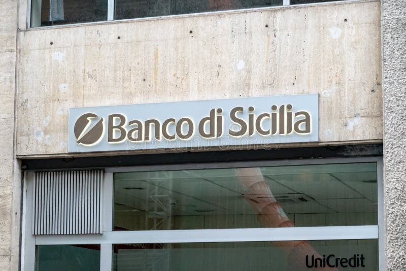 PALERMO, SICILY - FEBRUARY 8, 2020: The window of the Banco di Sicilia bank in Palermo which provides financial services to customers. PALERMO, SICILY - FEBRUARY 8, 2020: The window of the Banco di Sicilia bank in Palermo which provides financial services to customers