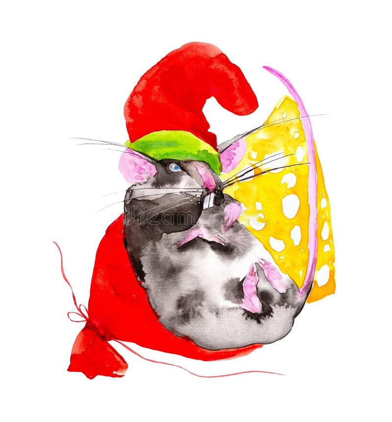 Het rattensymbool van het nieuwe jaar 2020 in GLB van Santa Claus is op de zak met giften naast een brok van kaas watercolor royalty-vrije illustratie Het rattensymbool van het nieuwe jaar 2020 in GLB van Santa Claus is op de zak met giften naast een brok van kaas watercolor royalty-vrije illustratie