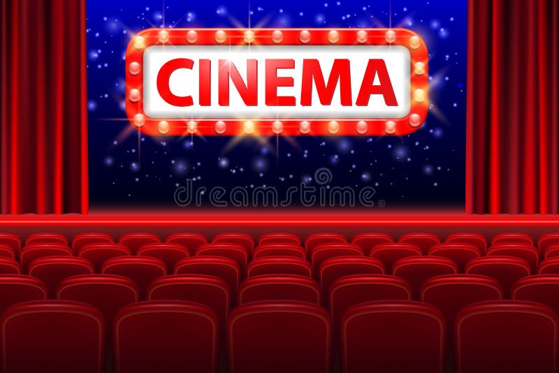 Het realistische binnenland van de bioskoopzaal met rode zetels Retro teken van de stijlbioskoop met vlek licht kader De Affiche vector illustratie Het realistische binnenland van de bioskoopzaal met rode zetels Retro teken van de stijlbioskoop met vlek licht kader De Affiche vector illustratie