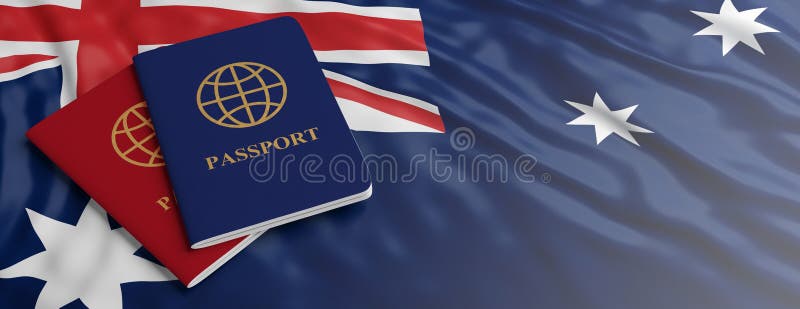 Het reizen naar Australië Twee paspoorten op Australische vlagachtergrond 3D Illustratie stock illustratie Het reizen naar Australië Twee paspoorten op Australische vlagachtergrond 3D Illustratie stock illustratie