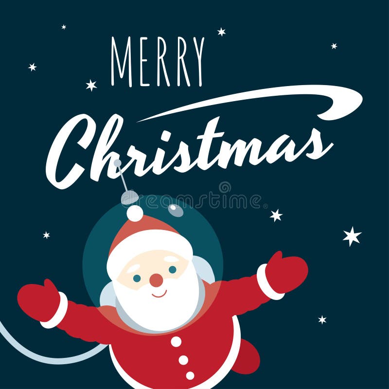 Vector retro styled greeting card with a text Merry Christmasand an illustration of Santa Claus in an astronaut suit floating in outer space. Square format, dark background. Vector retro styled greeting card with a text Merry Christmasand an illustration of Santa Claus in an astronaut suit floating in outer space. Square format, dark background.