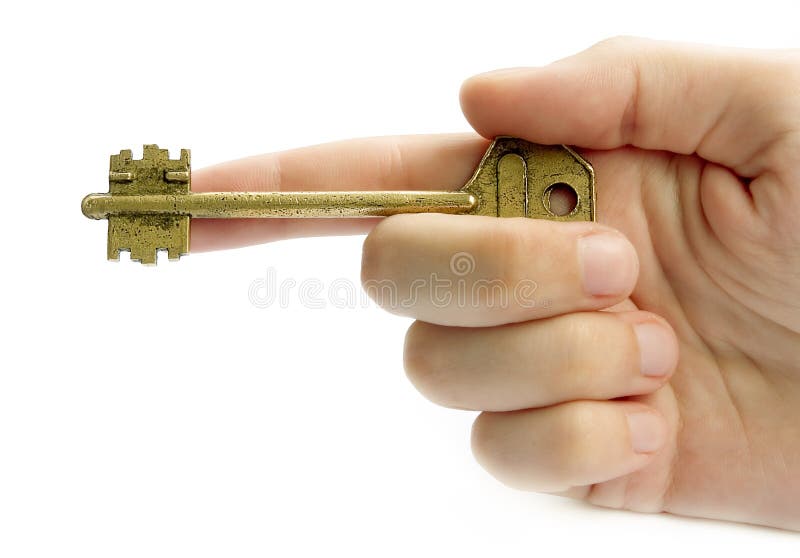 Pointing Hand With A Key Isolated Over White. Pointing Hand With A Key Isolated Over White