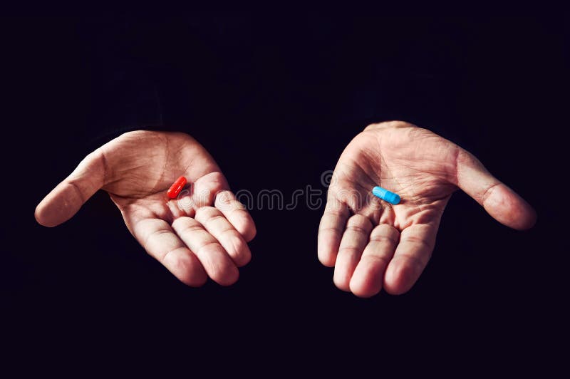 Het rode concept van de Pillen blauwe pil De juiste keus het concept de filmmatrijs De keus van tabletten