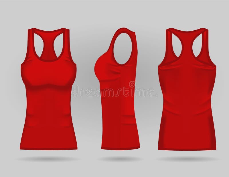 Het rode mouwloze onderhemd van lege vrouwen in voor, achter en zijaanzichten Realistische vrouwelijke sportoverhemden royalty-vrije illustratie Het rode mouwloze onderhemd van lege vrouwen in voor, achter en zijaanzichten Realistische vrouwelijke sportoverhemden royalty-vrije illustratie