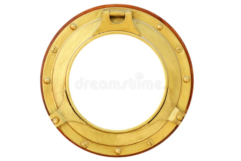 Het ronde gouden geïsoleerdeo venster van de messingsboot stock afbeelding Het ronde gouden geïsoleerdeo venster van de messingsboot stock afbeelding