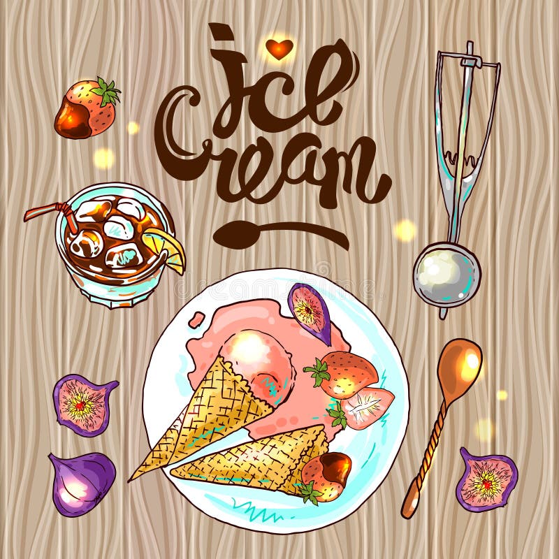 Het roomijskegels van de aardbei, van de chocolade, van de vanille en van de pistache over witte achtergrond vector illustratie Het roomijskegels van de aardbei, van de chocolade, van de vanille en van de pistache over witte achtergrond vector illustratie
