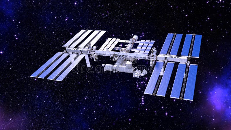 Het ruimtestation, satelliet met zonnepanelen, ruimtebasis in het 3D heelal, geeft terug royalty-vrije illustratie Het ruimtestation, satelliet met zonnepanelen, ruimtebasis in het 3D heelal, geeft terug royalty-vrije illustratie