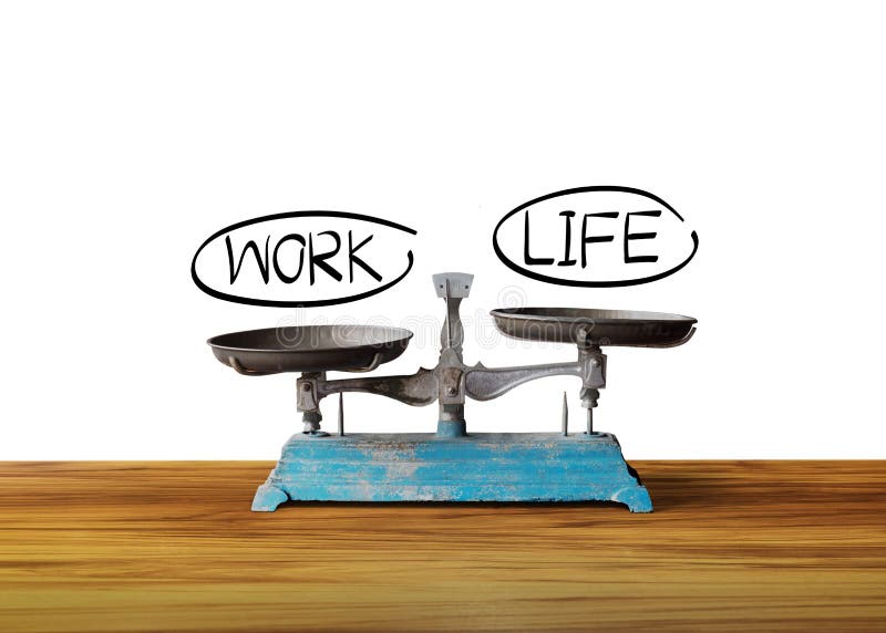 Work life balance concept with old blue scale on wood table. Work life balance concept with old blue scale on wood table