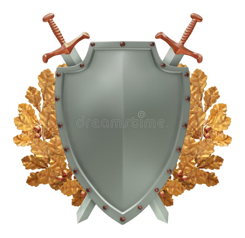 Het schild met gekruiste zwaarden op de achtergrond van gaat stock illustratie Het schild met gekruiste zwaarden op de achtergrond van gaat stock illustratie