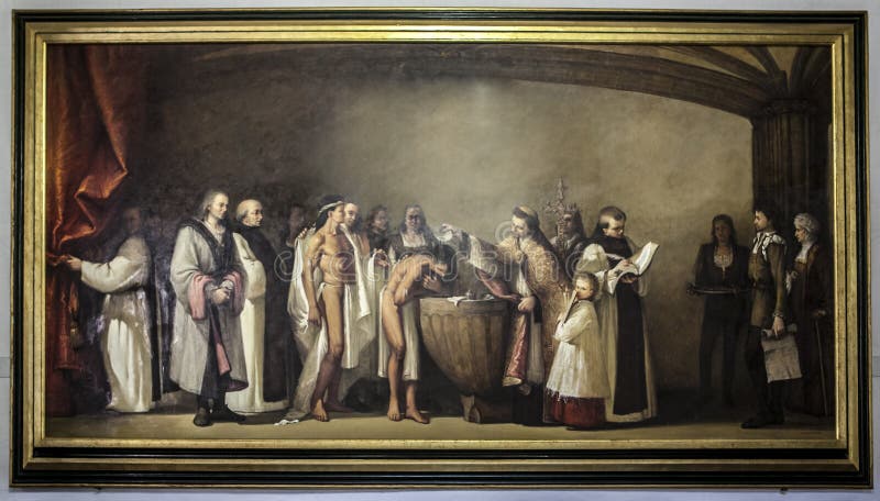 Het schilderen van het doopsel van Amerikaanse die Indiërs aan Spanje langs worden gebracht royalty-vrije stock foto's Het schilderen van het doopsel van Amerikaanse die Indiërs aan Spanje langs worden gebracht royalty-vrije stock foto's