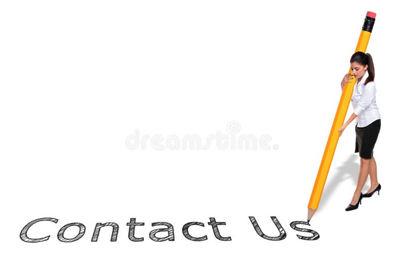 Het schrijven van de onderneemster contacteert ons met reuze penc stock afbeeldingen Het schrijven van de onderneemster contacteert ons met reuze penc stock afbeeldingen