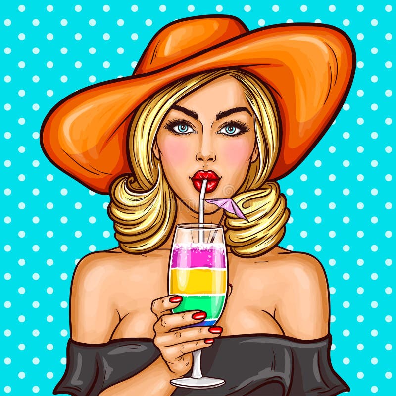 Het sexy pop-artmeisje in a breed-brimmed hoed drinkt haar cocktail door een stro royalty-vrije illustratie Het sexy pop-artmeisje in a breed-brimmed hoed drinkt haar cocktail door een stro royalty-vrije illustratie
