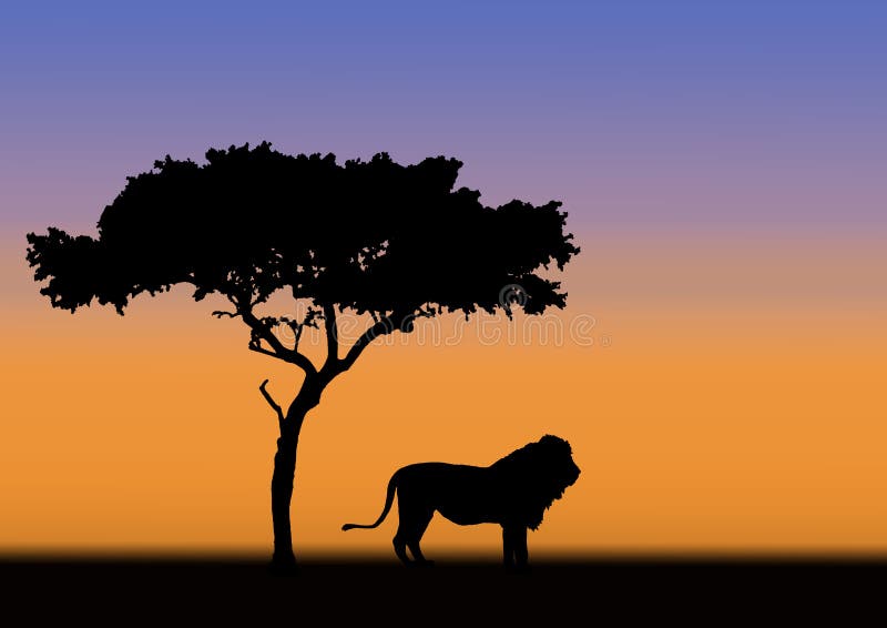 Het silhouet van de acacia en van de leeuw stock illustratie Het silhouet van de acacia en van de leeuw stock illustratie