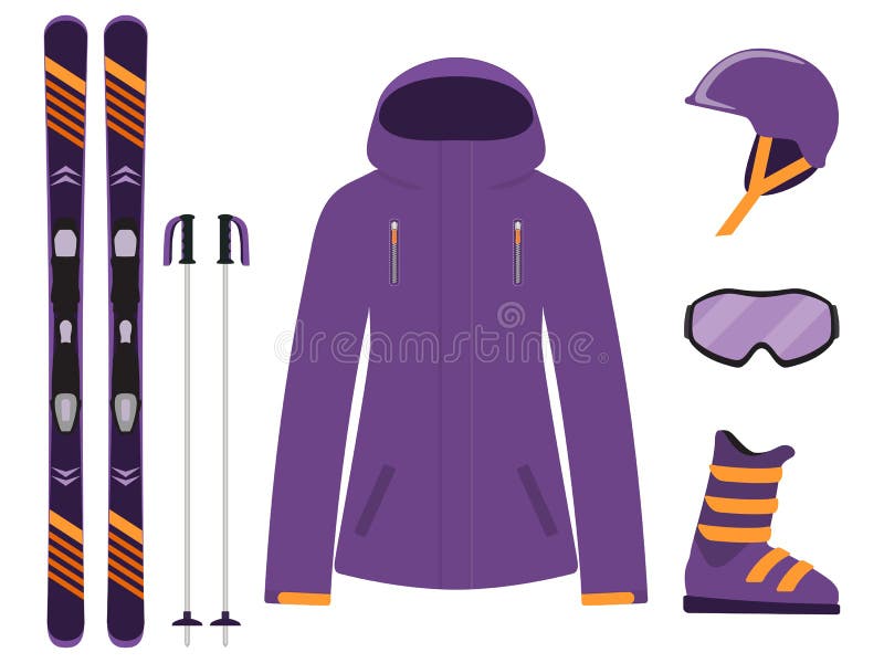 Het ski?en materiaal, reeks Skis, skistokken, helm, glazen, laarzen, jasje De pictogrammen van het de wintermateriaal Vectorillus stock illustratie Het ski?en materiaal, reeks Skis, skistokken, helm, glazen, laarzen, jasje De pictogrammen van het de wintermateriaal Vectorillus stock illustratie