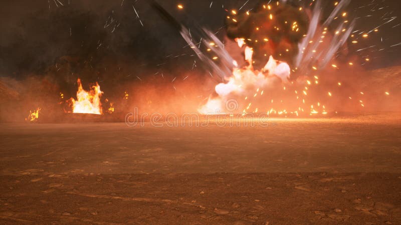 Het slagveld in de rook in het midden van explosies op een niet in kaart gebrachte planeet het 3d teruggeven