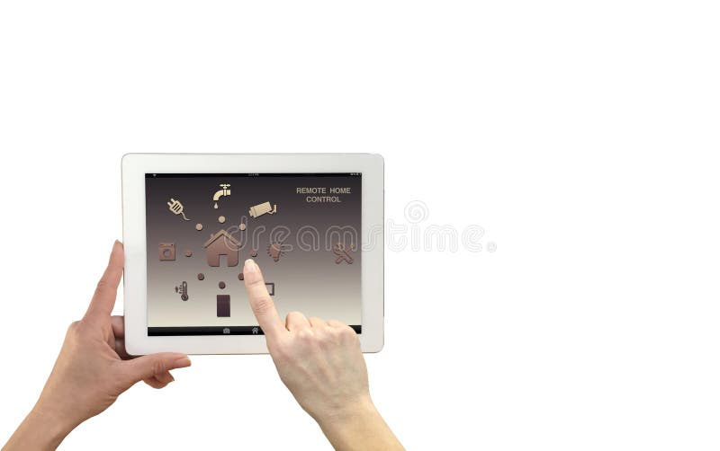 Het slimme verre systeem van de huiscontrole op een digitale tablet Vrouwenhanden die apparaat met app pictogrammen houden royalty-vrije stock fotografie Het slimme verre systeem van de huiscontrole op een digitale tablet Vrouwenhanden die apparaat met app pictogrammen houden royalty-vrije stock fotografie
