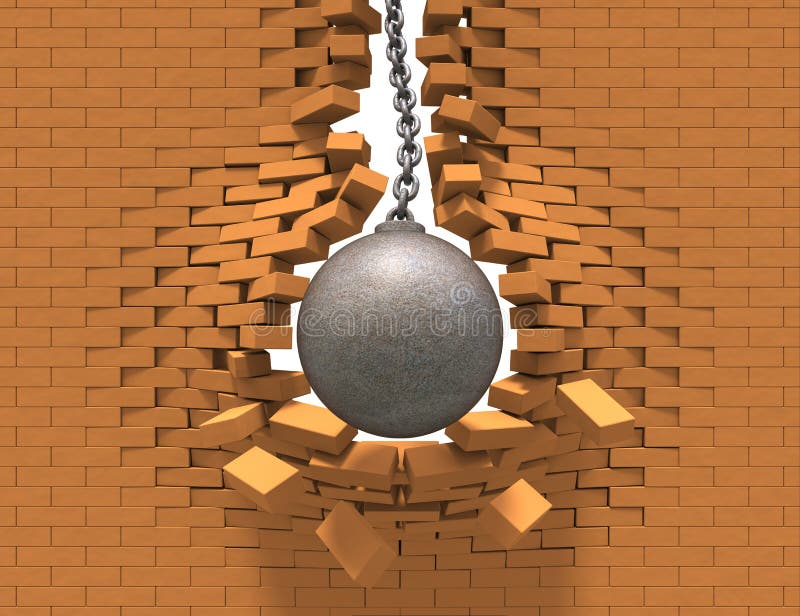 Rusty wrecking ball destroying the brick wall. Rusty wrecking ball destroying the brick wall