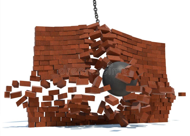 A wrecking ball destroing a brick wall on a white background. A wrecking ball destroing a brick wall on a white background.